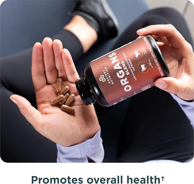 Ancient Nutrition Organ Supplements Grass-Fed and Wild Organ Complex Capsules Liver Heart Kidney Supports Organ Cognitive and Immune System Health 180 Ct