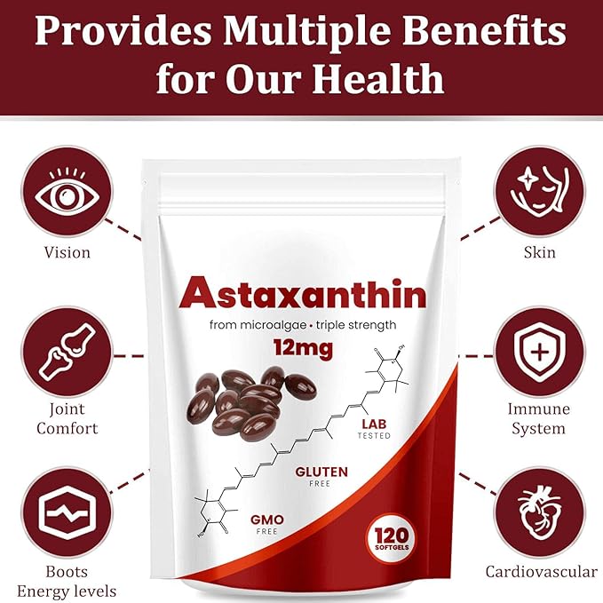 Astaxanthin 12mg Natural Antioxidant Supports Immune Fresh Microalgae for Skin Eye and Internal Circulation Health 120 Softgels (01 02#)