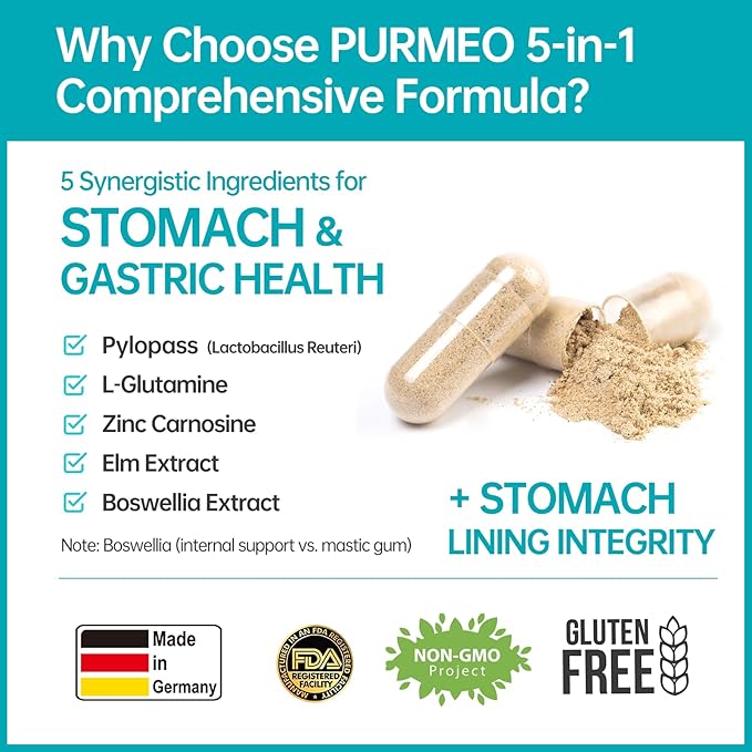 5-in-1 High Potency H. Pylori Probiotic 1 Per Day - Supports Gastric Lining Integrity Occasional Indigestion Acid Comfort - Pylopass Lactobacillus Reuteri Gluten Free Vegan 30ct Made in Germany