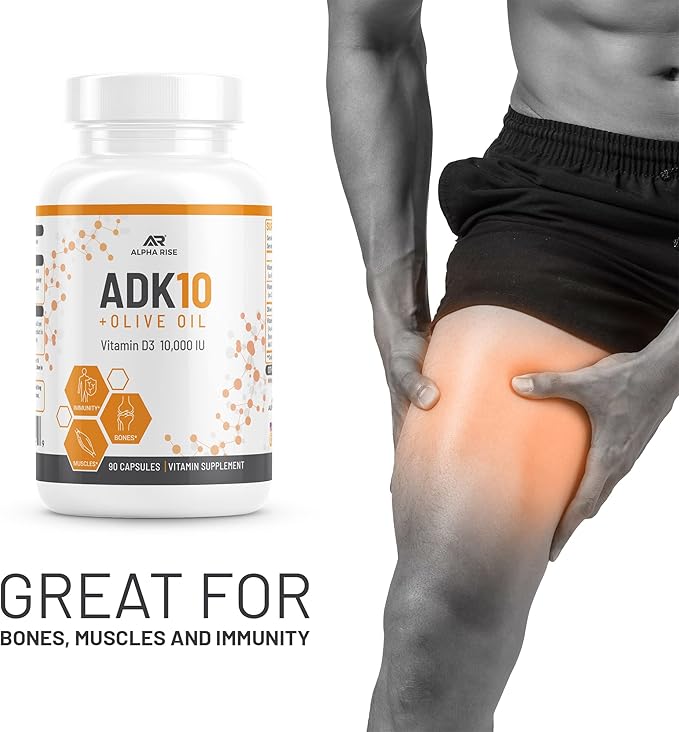 ADK 10 Vitamin Supplement + Olive Oil for Better Absorption - with Vitamins A + D3 (10000 iu) + K2 (MK7+MK4) - 90 Capsules - Vegetarian - Non-GMO