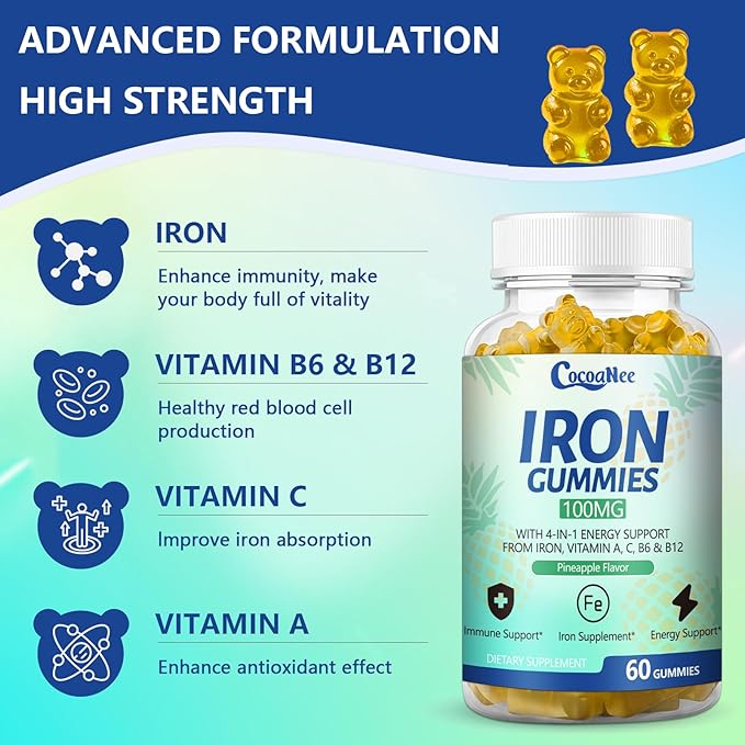 2 Pack 100MG Iron Supplements Gummies for Women &amp Men - Vitamin C A B12 - Complex Improve Absorption Energy Boost Iron Deficiency Anemia for Adults &amp Kids - Complex Folate Zinc 120Cts