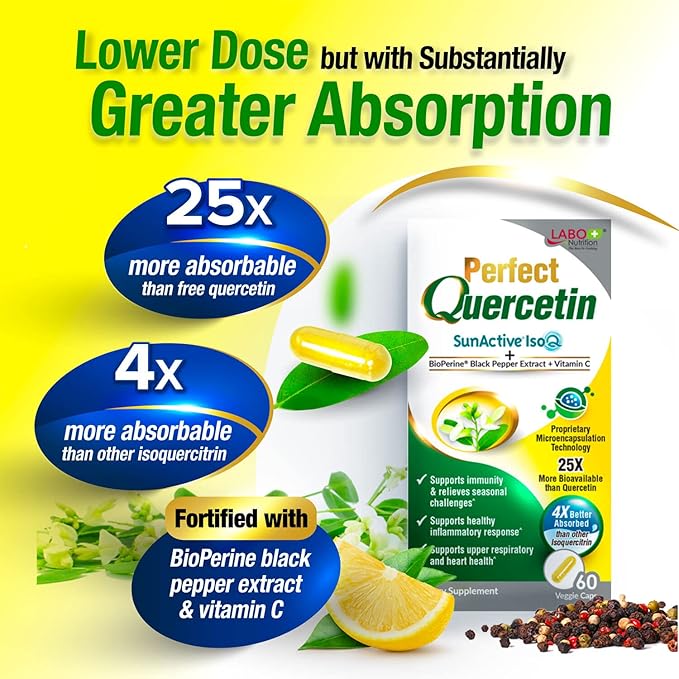 LABO Nutrition Perfect Quercetin SunActive IsoQ Bioflavonoids Vitamin C 25x More Bioavailable for Immune Allergy Sinus Relief and Cardiovascular Support - Healthy Inflammation Response - 60s