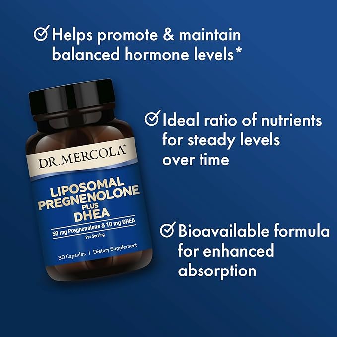 Dr. Mercola Liposomal Pregnenolone Plus DHEA 30 Servings (30 Capsules) 50 mg Pregnenolone Per Serving 10 mg DHEA Per Serving Dietary Supplement Non-GMO - 2 Pack