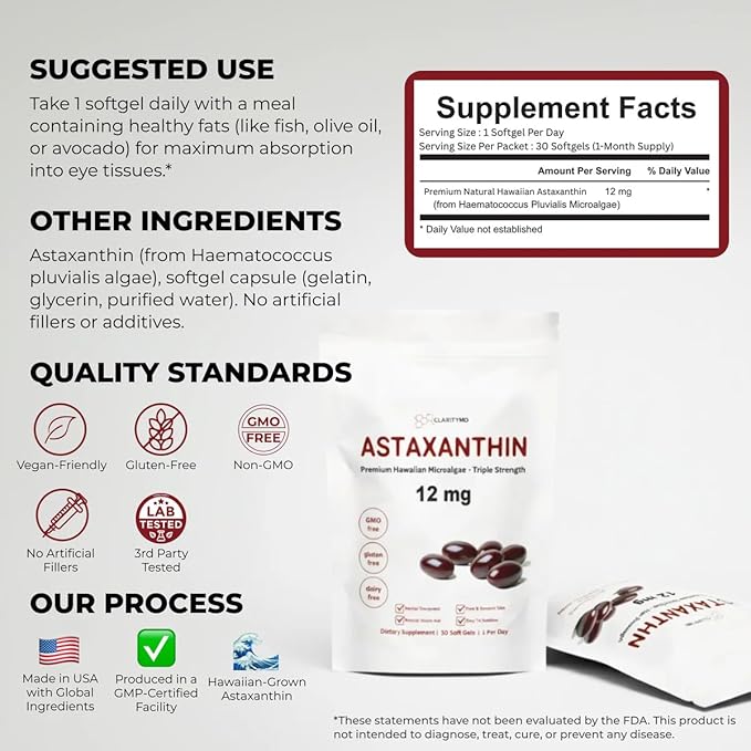 Astaxanthin 12mg Antioxidants Supplement – Natural Microalgae Source – Lipid-Based Softgel for Enhanced Absorption – Cognitive Vision &amp Joint Support – 30 Softgels (Pack of 2)