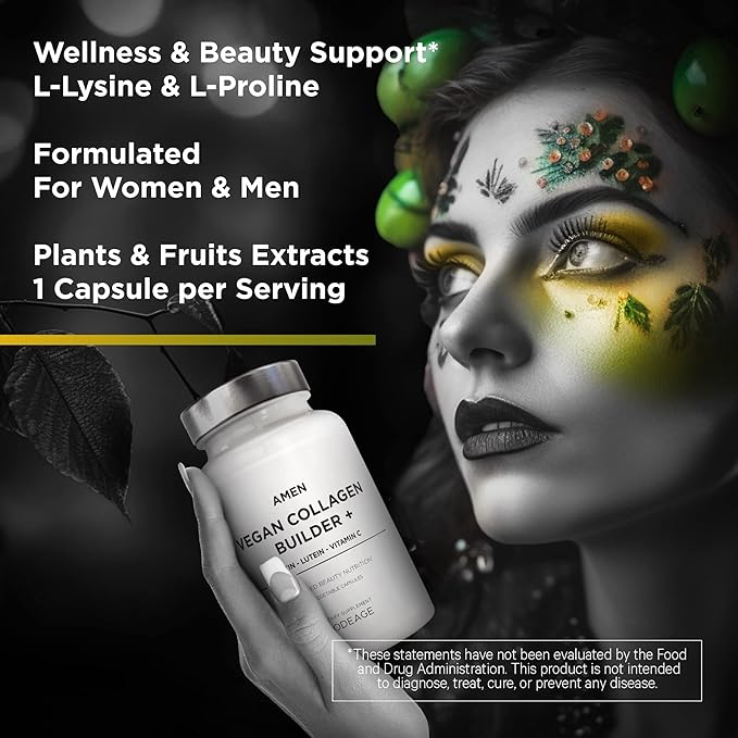 Amen Plant-Based Vegan Collagen Builder Supplement - Organic Whole Foods Lutein Vitamin C Biotin Lysine Proline Collagen Boosters - Organic Cranberry Lemon Strawberry - Once A Day - 30 Capsules