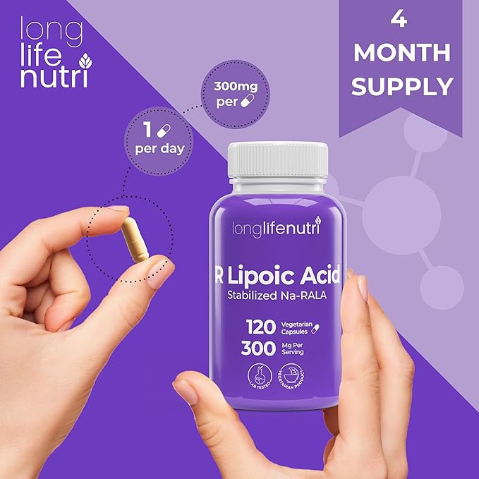 LongLifeNutri Stabilized R-Alpha Lipoic Acid 300mg – High Potency Na-RALA Supplement for Cellular Energy &amp Metabolic Function 120 Vegetarian Capsules 4-Month Supply GMP Certified Made in USA