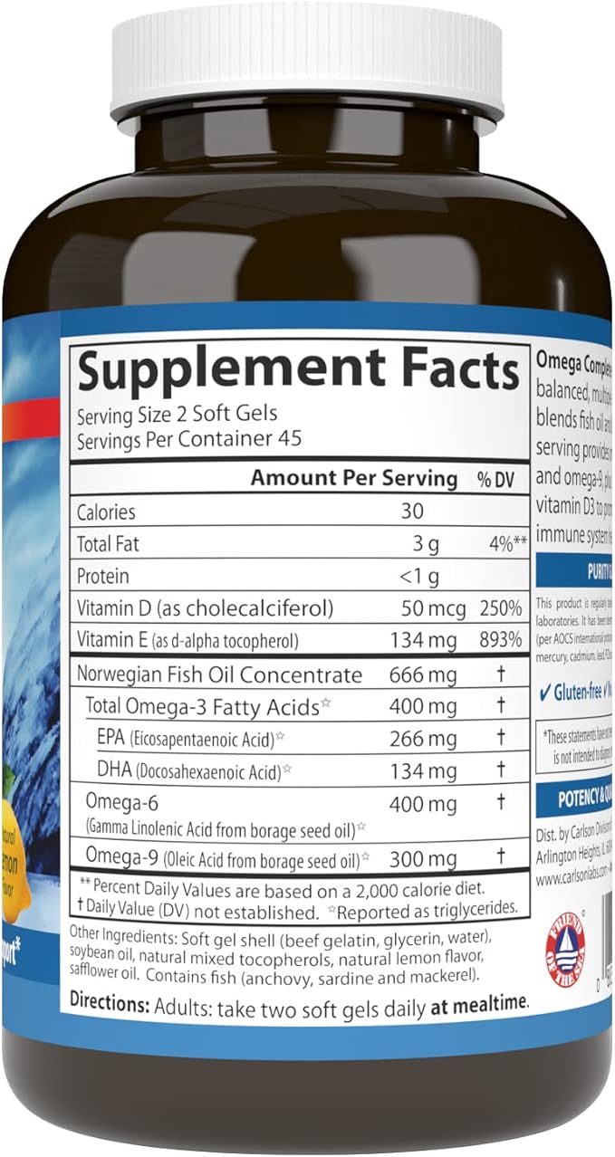 Carlson - Omega Complete Gems Omega-3-6-9 Wild Caught Sustainably Sourced Heart Health Joint Function &amp Immune Support 90 Softgels