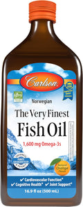 Carlson - The Very Finest Fish Oil 1600 mg Omega-3s Liquid Fish Oil Supplement Norwegian Fish Oil Wild-Caught Sustainably Sourced Fish Oil Liquid Orange 16.9 Fl Oz