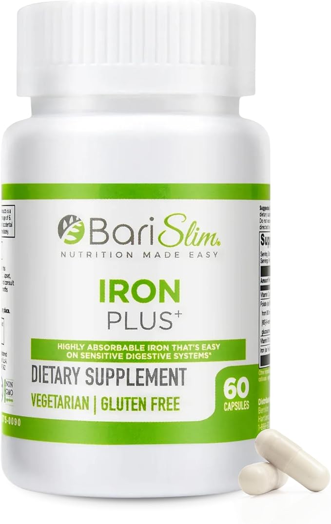 BariSlim Iron Plus Capsules - Formulated for Patients After Weight Loss Surgery Including Gastric Bypass &amp Gastric Sleeve – Easy Digestion &amp Comprehensive Health Support | 2 Month Supply (60 S