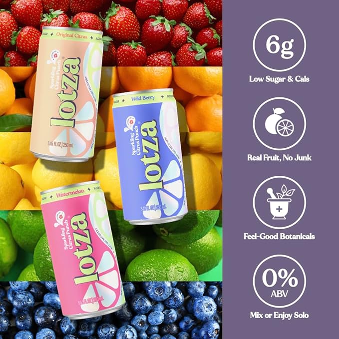 Lotza Sparkling Non-Alcoholic Adaptogen Drink with Electrolytes | Non-Alcoholic Mocktail &amp Drink Mixer| Antioxidants &amp Real Fruit (Pack of 12) Variety Pack