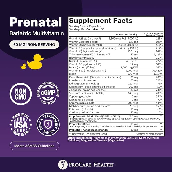 ProCare Health Prenatal Bariatric Multivitamin with Iron (60 Easy to Swallow Capsules) – for Women Bariatric Vitamins for Gastric Bypass &amp Gastric Sleeve (1 Month Supply)