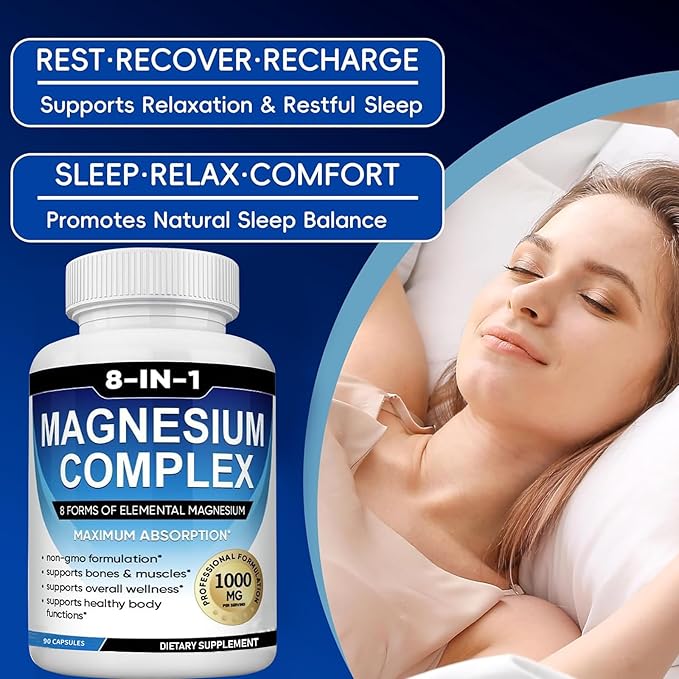 Magnesium Complex Supplement 8 Elemental 1000mg with GlycinateCitrate for Muscle Recovery Stress Energy Bone Health Vegan Non-GMO 180 Capsules Magnesium Supplement for Women Men 2 Bottle