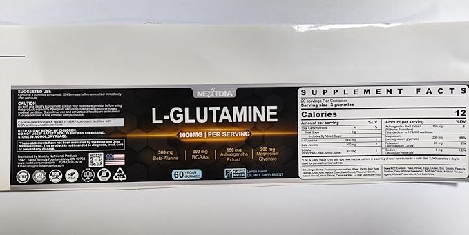 L-Glutamine 1000mg Gummies for Women &amp Men| with Beta-Alanine BCAAs Magnesium Glycinate Potassium &amp Ashwagandha | Vegan | Sugar-Free &amp Extra-Chewy | 60 Counts