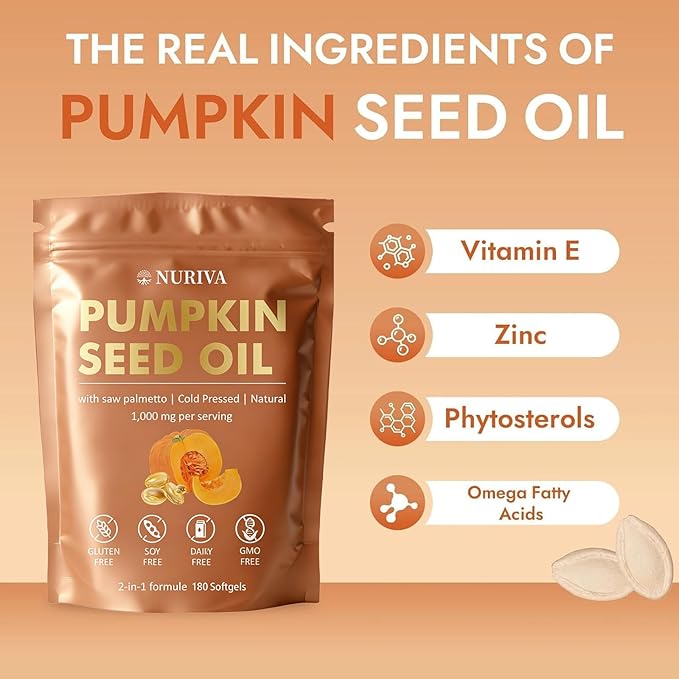 NURIVA Pumpkin Seed Oil with Saw Palmetto – Cold Pressed Pure Virgin Oil Rich in Essential Fatty Acids &amp Phytosterols – Supports Hair Urinary &amp Prostate Health – Non-GMO 100% Natural(1pc)