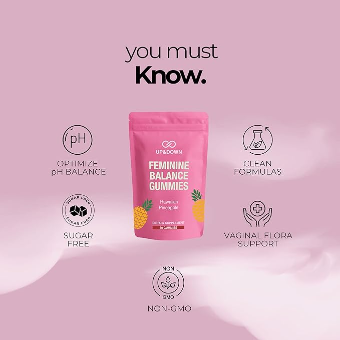 Up&ampDown Supplements Premium Feminine Balance Gummies for Women | PMS Relief Mood &amp Cycle Support | Pineapple + Vitamin C | Ashwagandha &amp Chasteberry | Vegan Non-GMO Gluten Free | 60 Gum