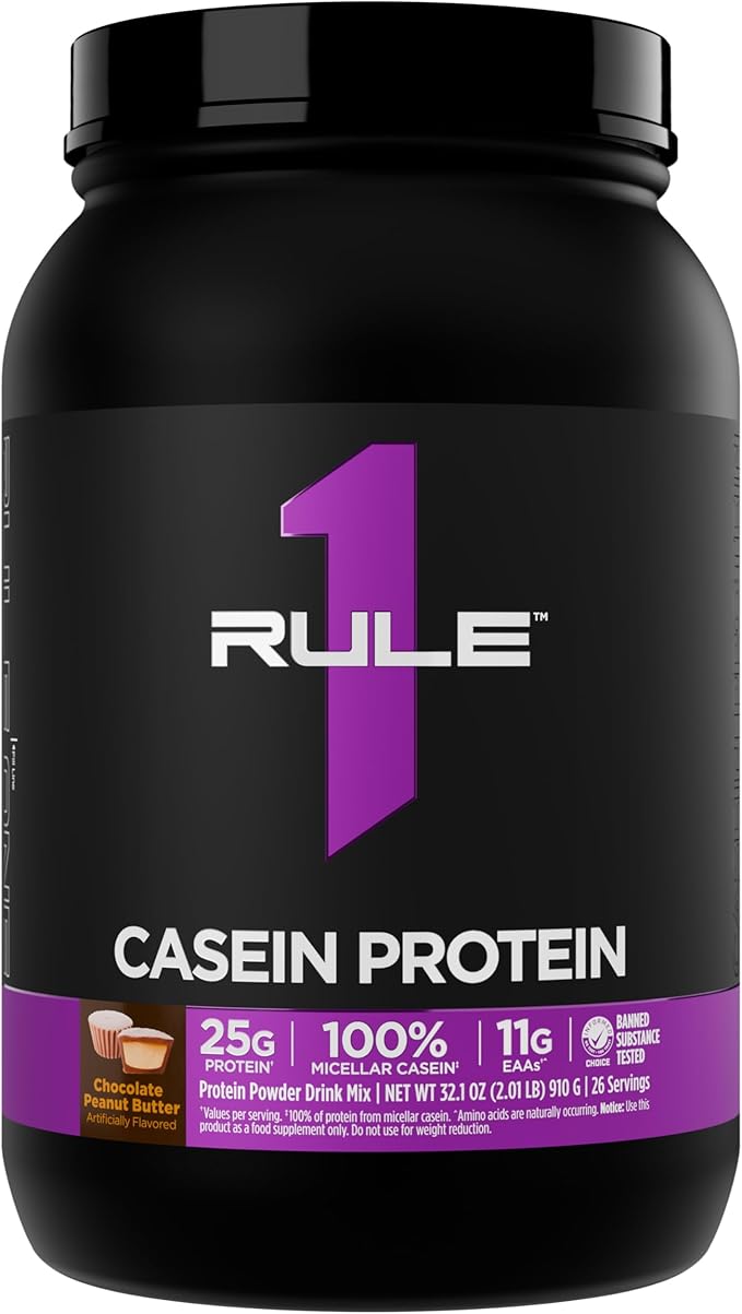 Rule 1 Proteins Casein Protein - 25g Protein and 11g EAAs Per Serving from Slow-Release Micellar Casein for Overnight Recovery and Sustained Delivery Between Meals (2 Pounds Chocolate Peanut Butter)