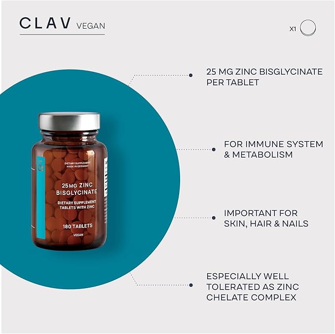 CLAV® Zinc Bisglycinate 25mg - 180 Tablets (6 Months Supply) - Natural Chelated Supplement - Vegan Glycinate for Immune &amp Skin Support