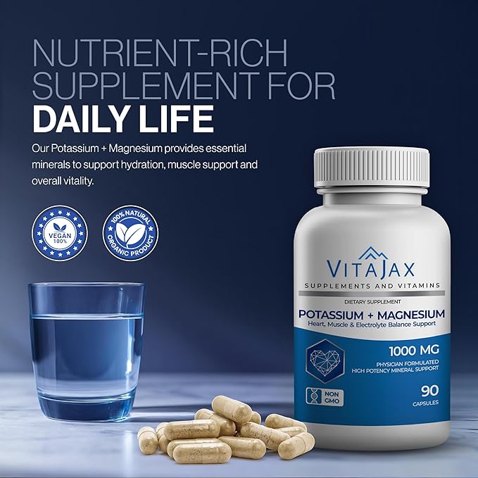 Potassium Magnesium Supplement 1000mg | 180 Capsules | Magnesium and Potassium Supplement for Heart Leg Cramp Muscle &amp Electrolyte Balance Support | Gluten Free Non-GMO | 6-Month Supply