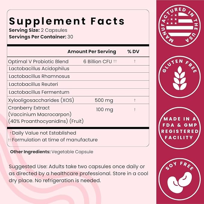 Optimal Prime Vaginal Probiotics for Women with Prebiotics Cranberry Extract and a Lactobacillus Probiotic Blend Supports Healthy Vaginal Flora Odor Control pH Balance 60 Capsules