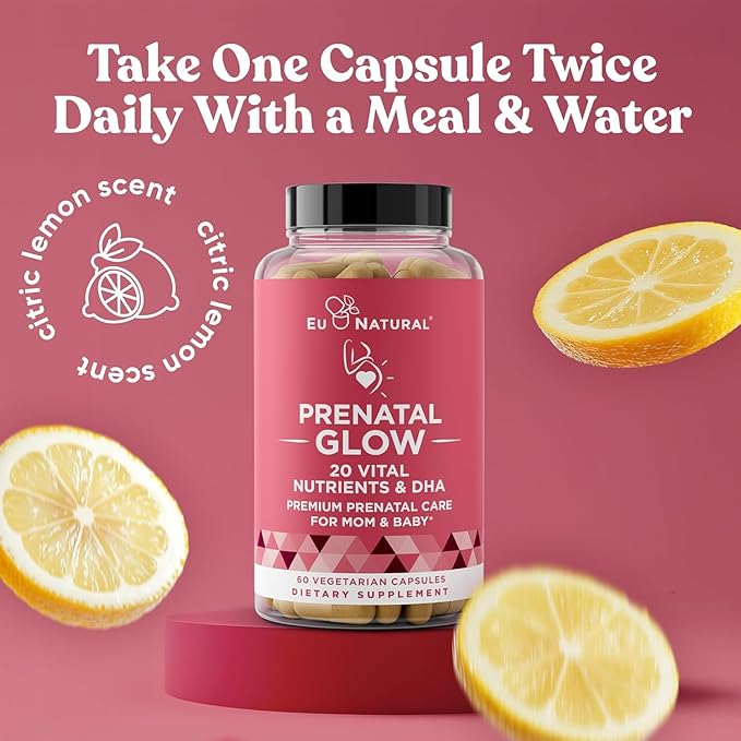 Eu Natural Glow Prenatal Vitamins for Women - 20-in-1 Prenatal Multivitamin with Folate &amp Vegan DHA - Supports Healthy Pregnancy Fetal Development &amp Mom’s Comfort - 60 Vegetarian Capsules