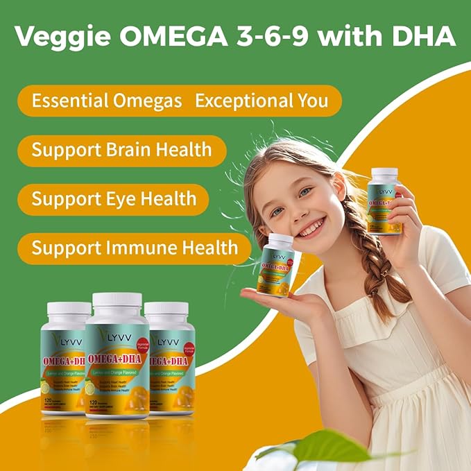 Omega Plus DHAfor Adults and Kids Lemon Flavor -120 Gummies - Omega 3 6 9 and DHA - Promotes Brain &amp Heart Health - Veggie - 40 Servings (1)