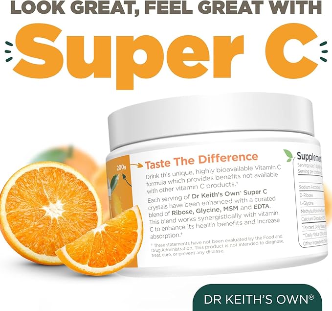 Dr. Keith's Own Super C - High Dose 4000mg Buffered Vitamin C Powder with D-Ribose Glycine MSM - Highly Absorbable Stomach-Friendly Daily Immune Support - Unflavored 200 Grams Each (3 Pack)