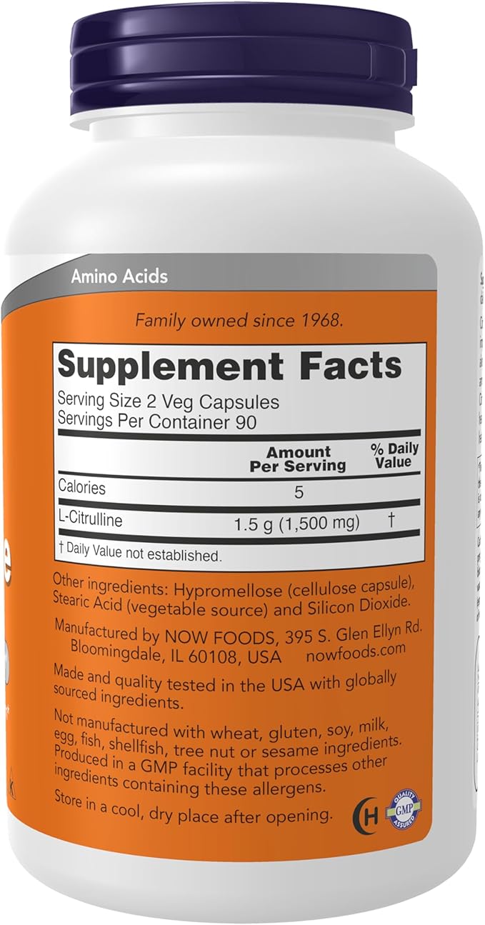 NOW Foods Supplements L-Citrulline 750 mg Supports Protein Metabolism* Amino Acid 180 Veg Capsules