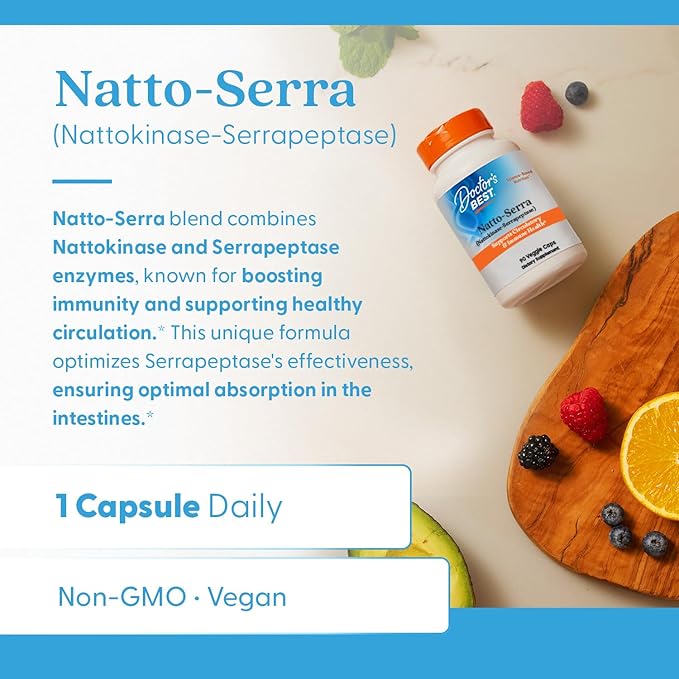 Doctor's Best Natto Serra for Men &amp Women - Nattokinase and Serrapeptase Enzyme Supplement Caps for Circulatory &amp Immune Health Support Optimal Digestive Absorption Non GMO Vegan - 90 Veg