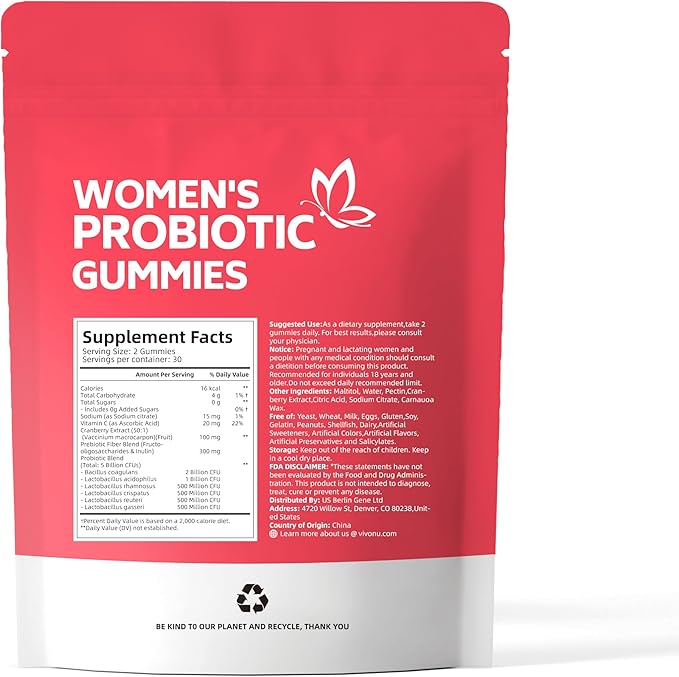 VivoNu Viginal Probiotic for Women Women Probiotic Gummies Feminine Balance Gummies Cranberry Probiotics for Woman Vaginigal Health Yeast Ph Balance| 60 Gummies