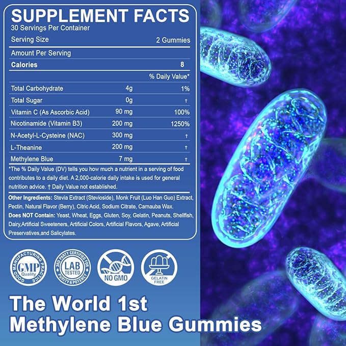 LILICARE Men's Methylene Blue Gummies 7mg Methylene Blue for Humans Supplement w/NAC VIT B3 &amp L-Theanine Brain &amp Mitochondrial Support Enhances Energy Focus and Cognitive Sugar Free 60
