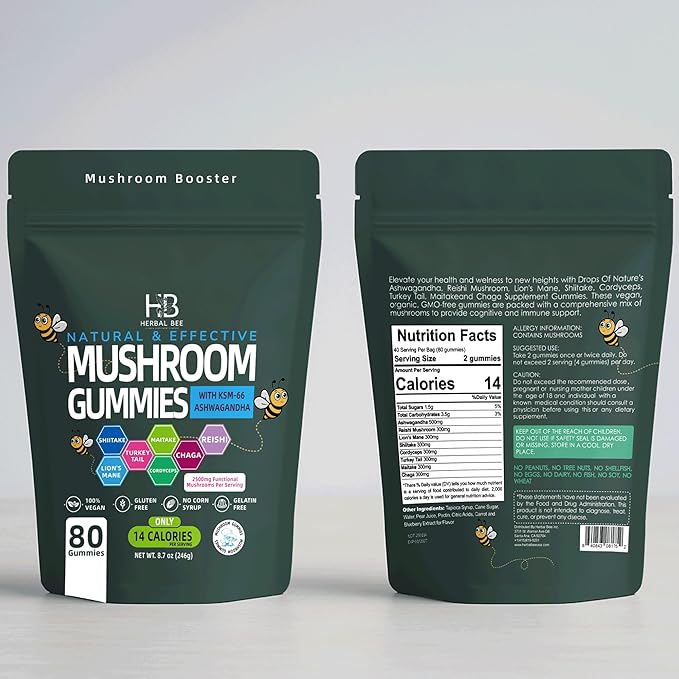 Organic Ashwagandha &amp Lions Mane Mushroom Gummies - Reishi Cordyceps Turkey Tail Maitake Shitake &amp Chaga Immune Support &amp defense Brain Boost Vegan All-in-One Superfood supplement