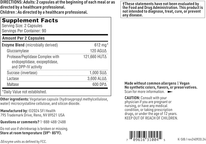 SFI Health Klaire Labs Sibb-Zymes Brush Border Digestive Enzymes for Digestion - Peptidase/Protease Enzymes Complex - Supports Optimal Carb &amp Protein Digestion - Gluten Free (180 Capsules)