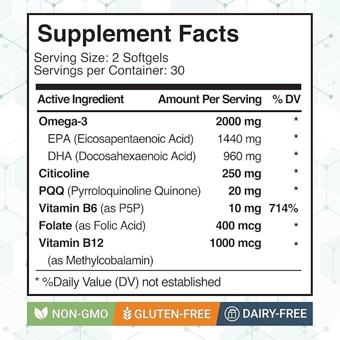 Omega-3 Focus 2000mg with Nootropic Formula – Citicoline DHA EPA B12 PQQ Folate &amp P5P – Triglyceride Form Omega 3 – 60 Softgels (60 Count (Pack of 1))