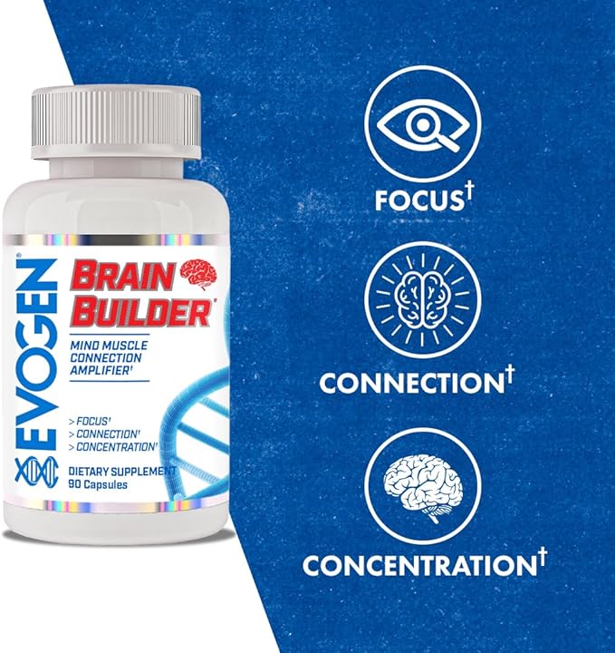 Evogen Brain Builder - Mind-Muscle Connection Amplifier | Boosts Focus Concentration &amp Connection | Lions Mane Bacopa Monnieri Alpha-GPC | 90 Capsules