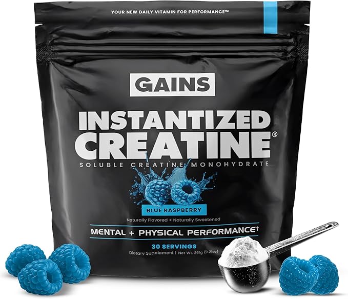 Gains in Bulk Instantized Creatine Monohydrate for Men &amp Women Soluble Pre Workout Powder Supports Muscle Building Strength and Performance Bodybuilding Supplements Blue Raspberry 30 Serving