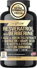gflow vitamins Resveratrol Supplement with Berberine Green Tea Extract Ceylon Cinnamon Grape Seed &amp Quercetin1000mg Quercetin N Acetyl cysteine Acai | 100% Natural Max Strength | Made in USA
