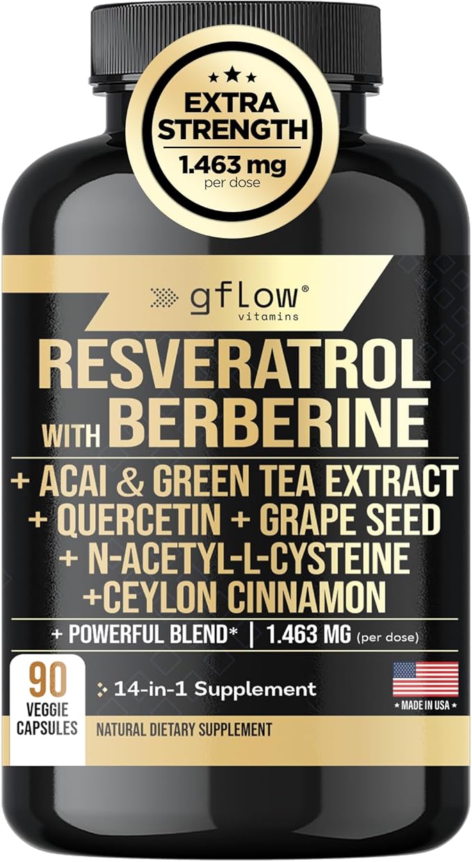 gflow vitamins Resveratrol Supplement with Berberine Green Tea Extract Ceylon Cinnamon Grape Seed &amp Quercetin1000mg Quercetin N Acetyl cysteine Acai | 100% Natural Max Strength | Made in USA