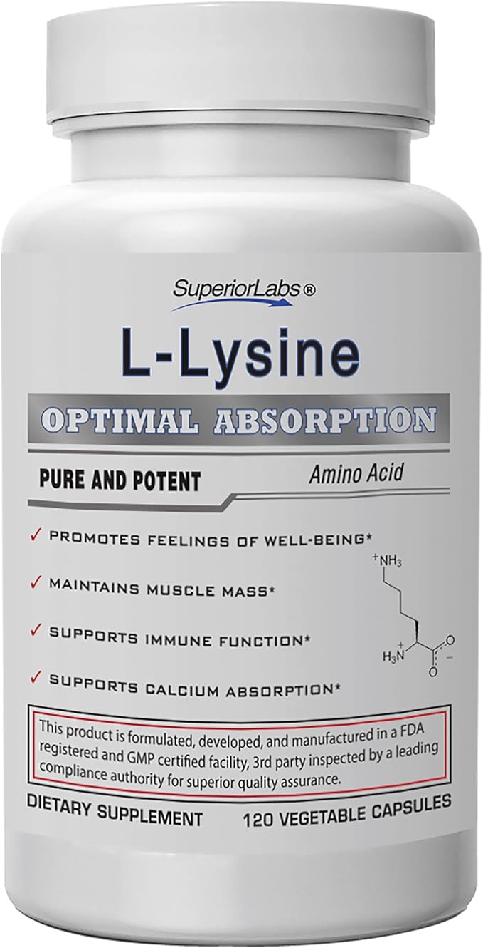 Superior Labs L-Lysine 500 mg Capsules Pure Non-GMO Third-Party Tested No Fillers Gluten Free Supports Immune System Promotes Calcium Absorption 120 Caps