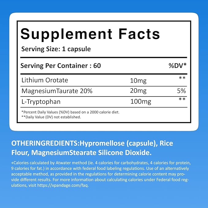 Lithium Orotate 10mg with Magnesium Taurate and l tryptophan for Essential Trace Mineral Brain Healthm*oo*d* Support and Immunity|60 Days Supply|Made in USA