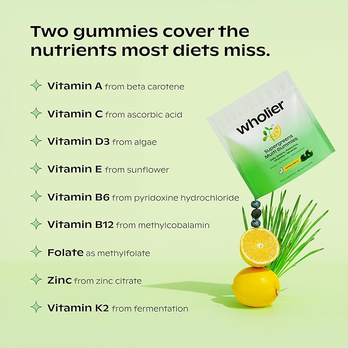 wholier Daily Supergreens Gummies Greens Supplement with Prebiotics Fiber Adaptogens Vegan Multivitamin 9 Essential Vitamins + Minerals 1g Sugar 2 Gummy Serving (60 Gummies 30 Day Supply)