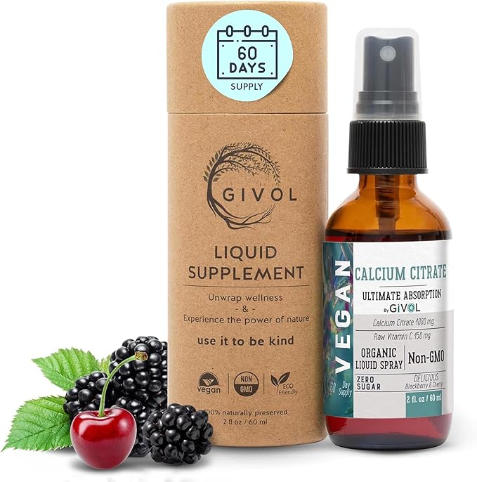 Liquid Calcium Citrate 1000mg &amp Raw Vitamin C 150mg Liquid Spray Mist for Easy Absorption Wild Cherry &amp BlackBerry Flavor Calcium Supplement Non-GMO Gluten Free Sugar-Free 2oz (60ml)