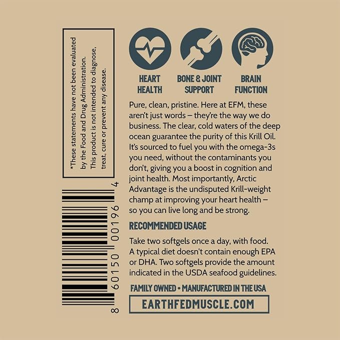 Earth Fed Muscle Arctic Advantage Krill Oil 500mg softgels Omega-3 DHA &amp EPA for Heart Brain Eye &amp Joint Health Support No Fishy Aftertaste Non-GMO Gluten-Free Antartic Krill Oil - 60 Ca