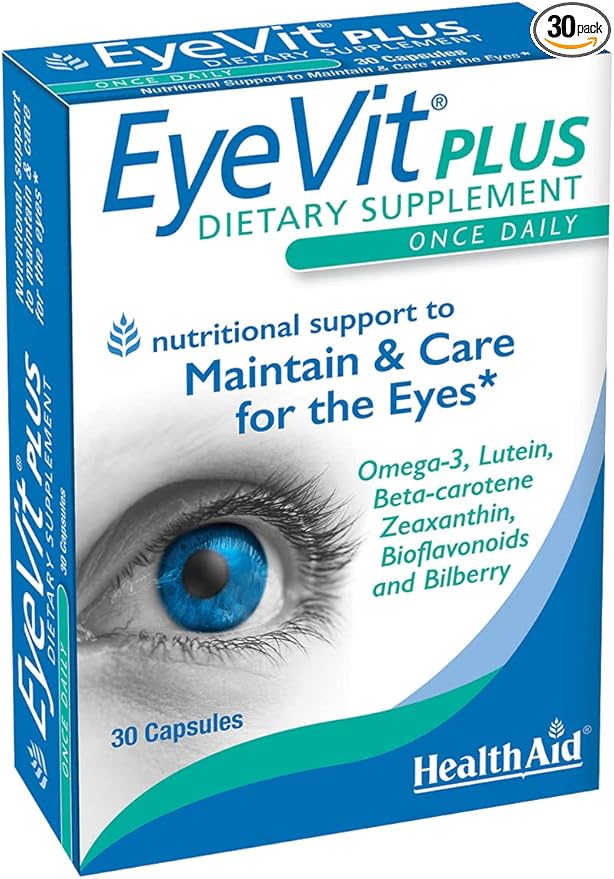 EyeVit Plus – Once-Daily Eye Health Supplement | 30 Capsules | Contains Omega-3 Lutein Beta-Carotene Zeaxanthin Bioflavonoids &amp Bilberry