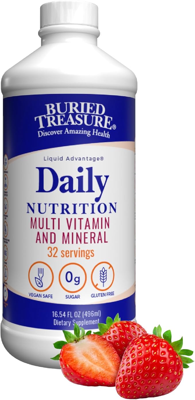 Buried Treasure Daily Nutrition Liquid Multivitamin and Mineral Supplement with Trace Minerals Superfoods Vitamin A B-Complex C D E Methylfolate Biotin Magnesium Zinc Resveratrol 32 serv