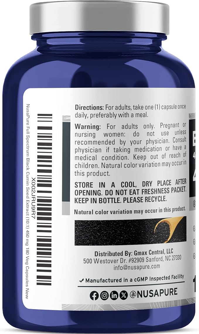 NusaPure Black Cumin Seed 450 mg 180 Veg Capsules (Non-GMO Vegan)