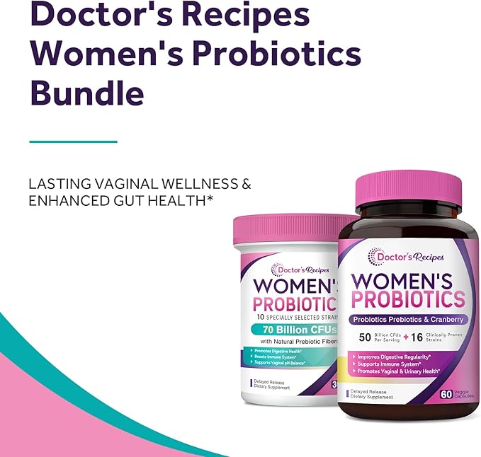 Doctor's Recipes Women's Probiotics Bundle Feminine Health and GI Support No Gluten Pro 50 Billion (60 Capsules) &amp 70 Billion (30 Capsules)