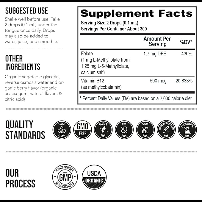 Organic Methyl Folate 1000 mcg + Methyl B12 Cofactor (300 Servings) – Metabolically Active 5-MTHF Form Organic Berry Flavor Liquid Sublingual Form – Mood Cognition Methylation Pregnancy (1oz)