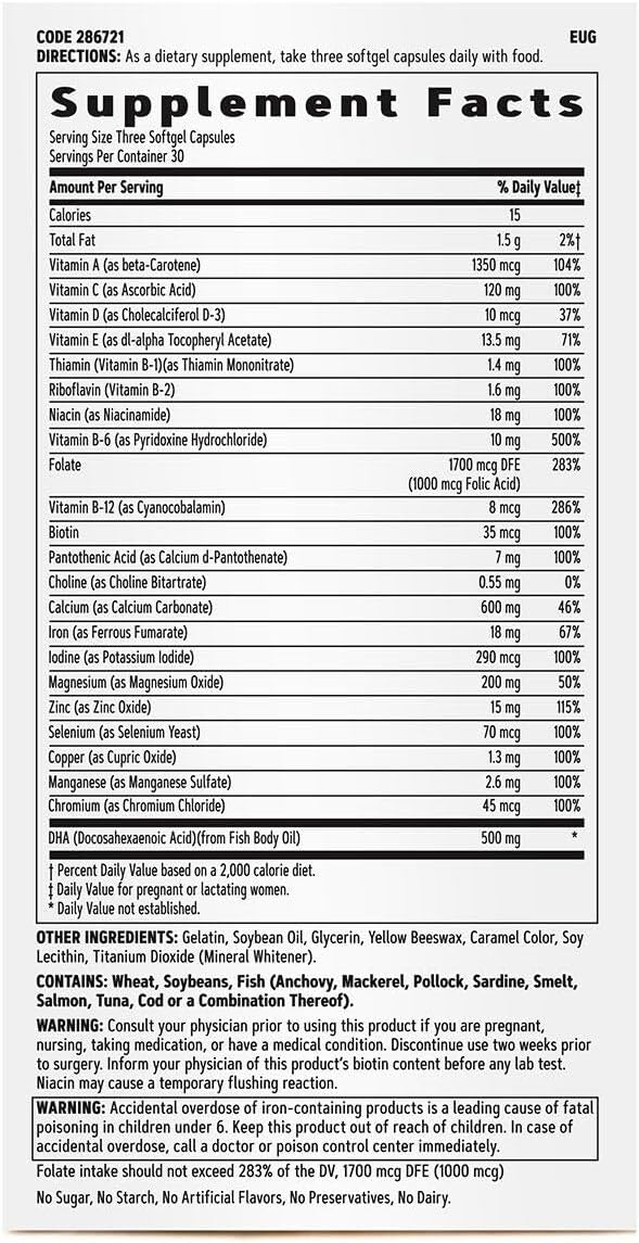 GNC Women's Prenatal Multivitamin Formula with DHA &amp Iron Support Pregnancy and Healthy Baby Development Essential Nutrients Folic Acid Zinc Calcium Plus B Vitamins 90 Softgels