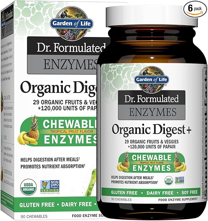 Garden of Life Digestive Enzymes with Papain Bromelain and Lipase for Nutrient Absorption and Digestion Support Tropical Fruit Flavor Dietary Supplement Certified Vegan 90 Chewables (Pack of 6)