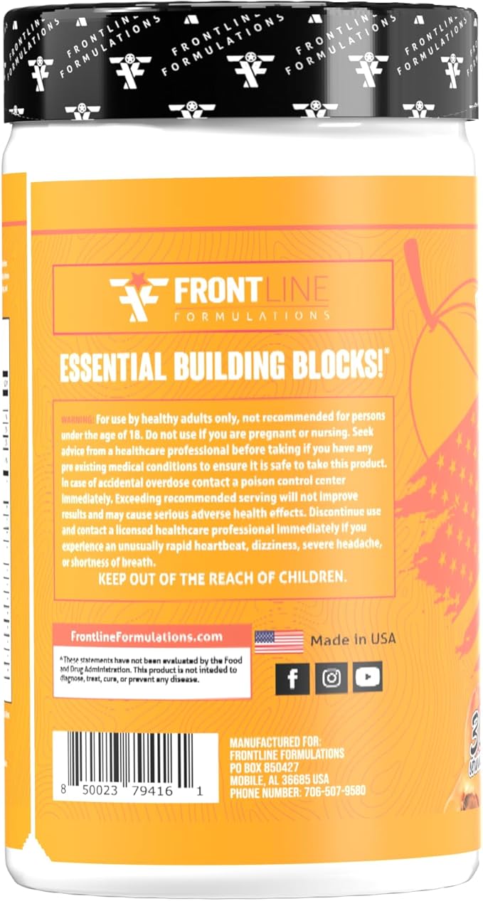 Amino Flood from Frontline Formulations - BCAA + EAA Recovery &amp Hydration Formula – Muscle Support Electrolytes &amp Endurance – Amino Acid Supplement for Intra &amp Post Workout Peach Mango